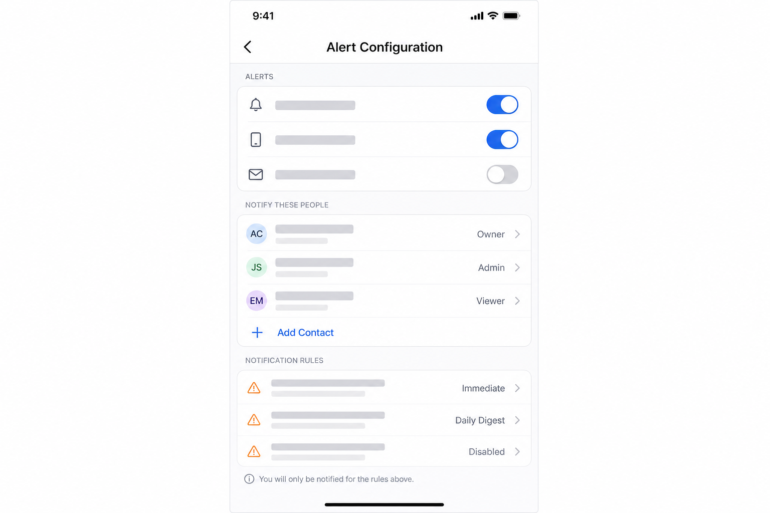 Representative app screen showing configurable alert and notification settings.