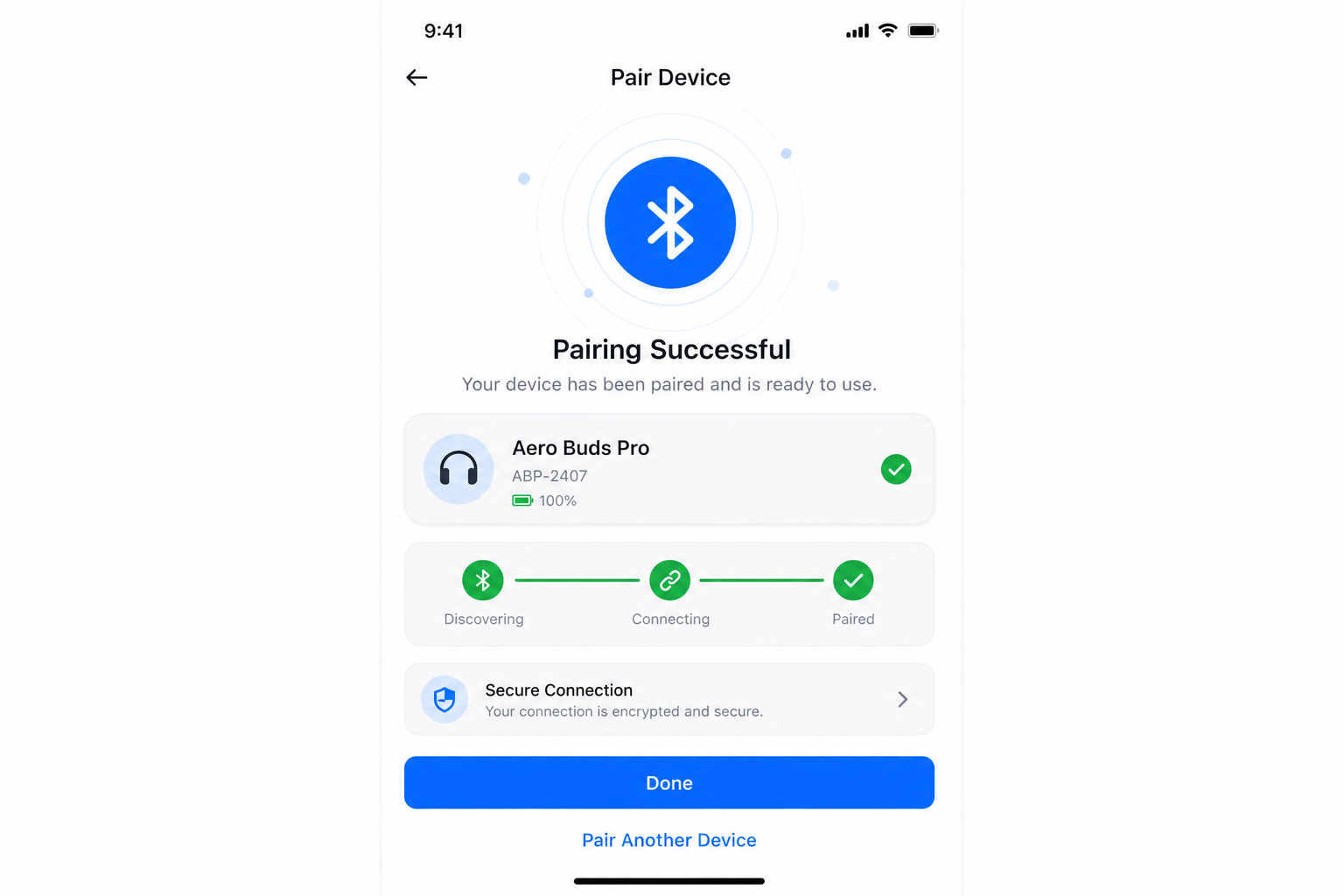 Representative app screen showing device pairing status with Bluetooth.
