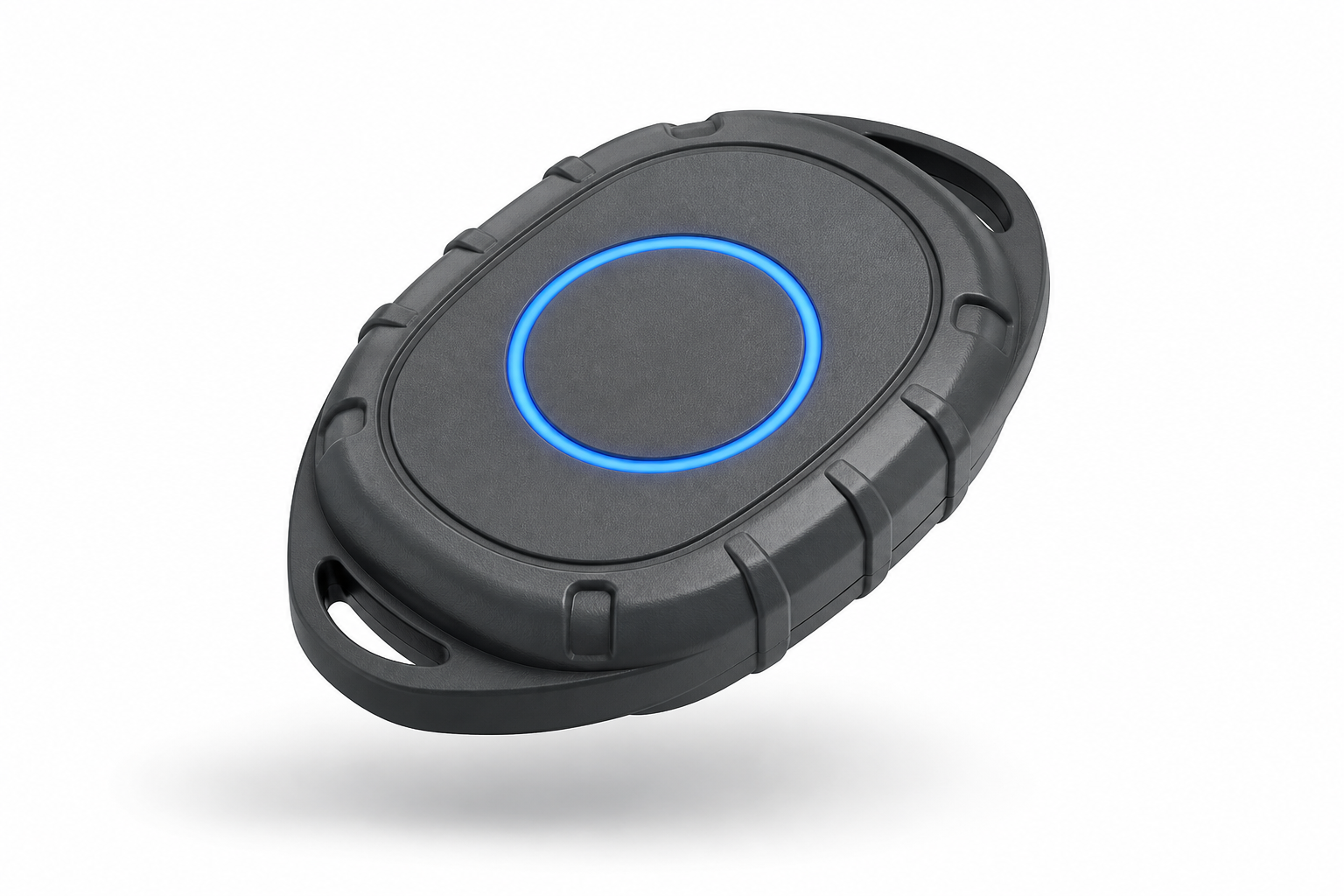 Studio render of the Airguard Tag device: compact tracker with cyan accent on a dark background.