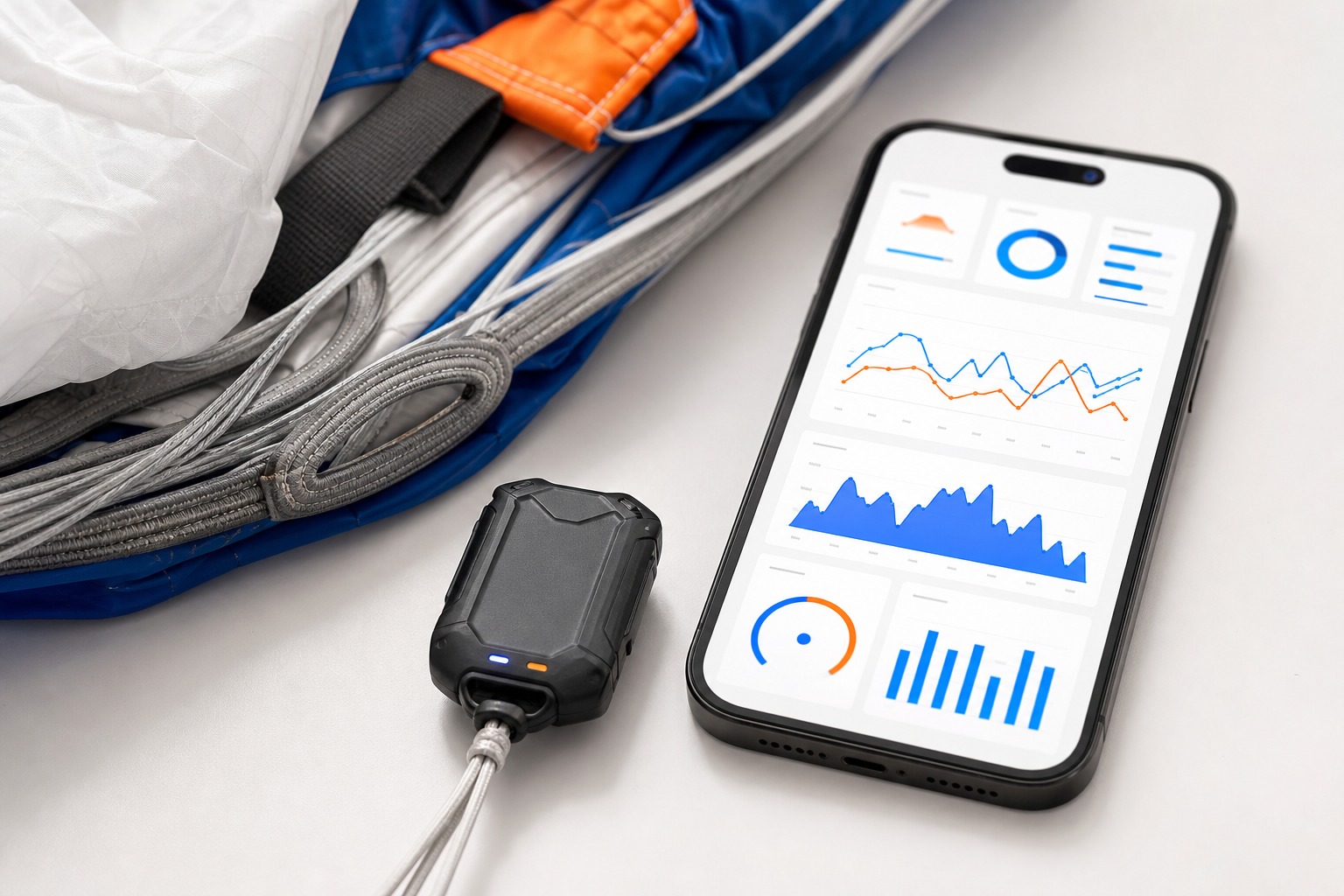 Airguard Tag tracking device near parachute canopy fabric with a smartphone showing dark-mode jump telemetry in cyan.