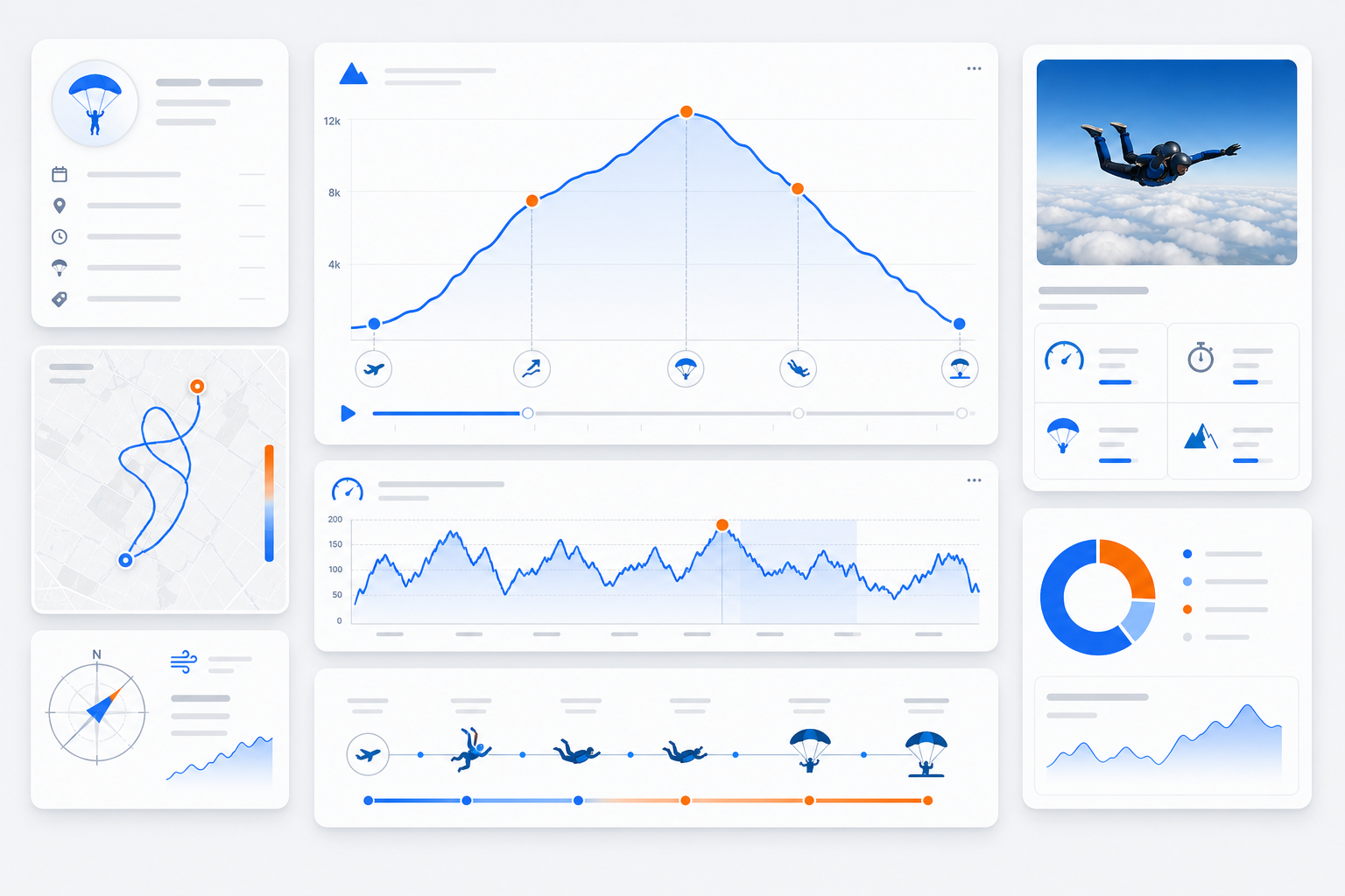 Composite of telemetry charts and timelines representing jump logbook data in the app.